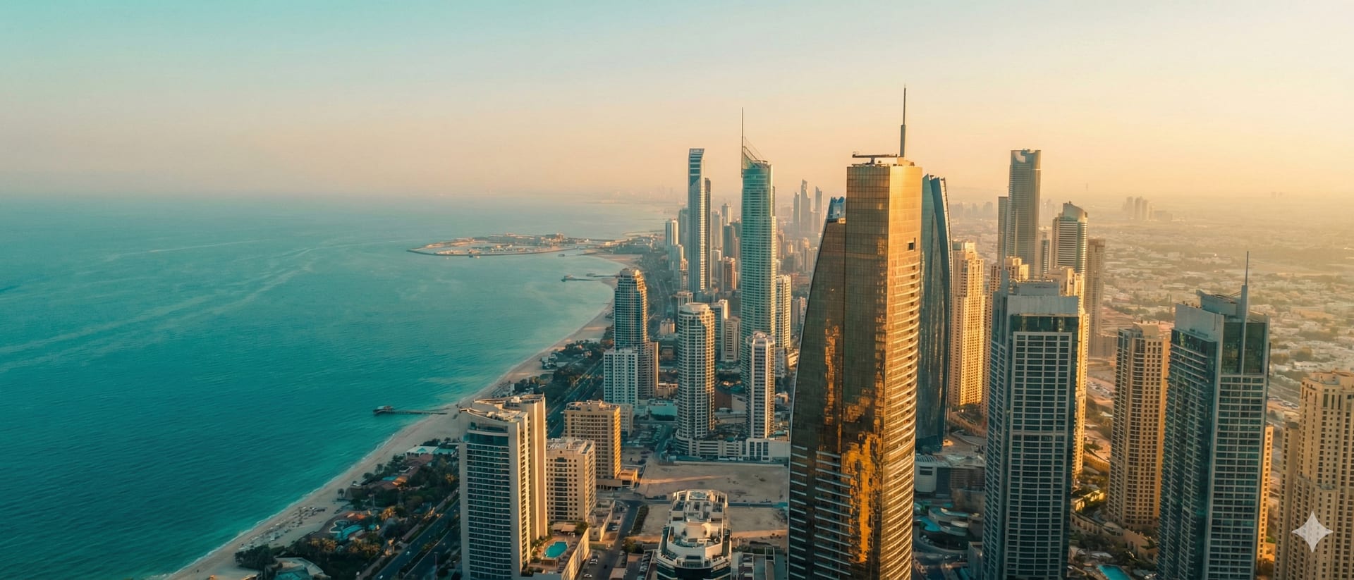 Aerial coastline and city skyline at dusk