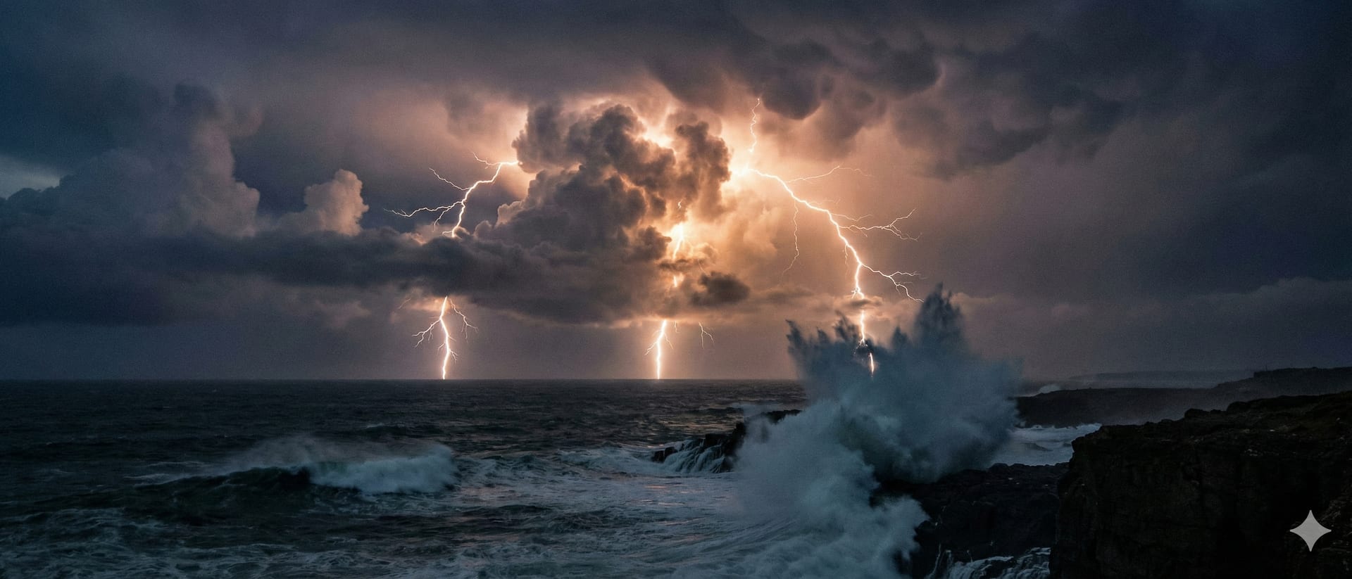 Dramatic storm clouds and lightning over a coastline