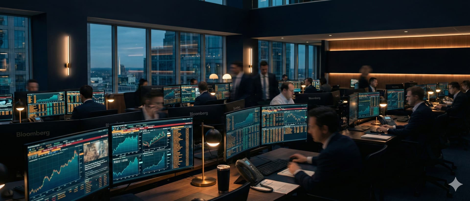 Trading floor with financial analysis screens